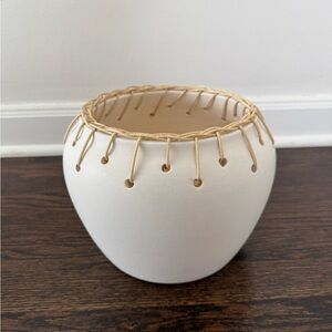 White Ceramic Planter with Tan Woven Accent